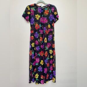 Lands End vintage floral black mesh short sleeve maxi dress | Size S